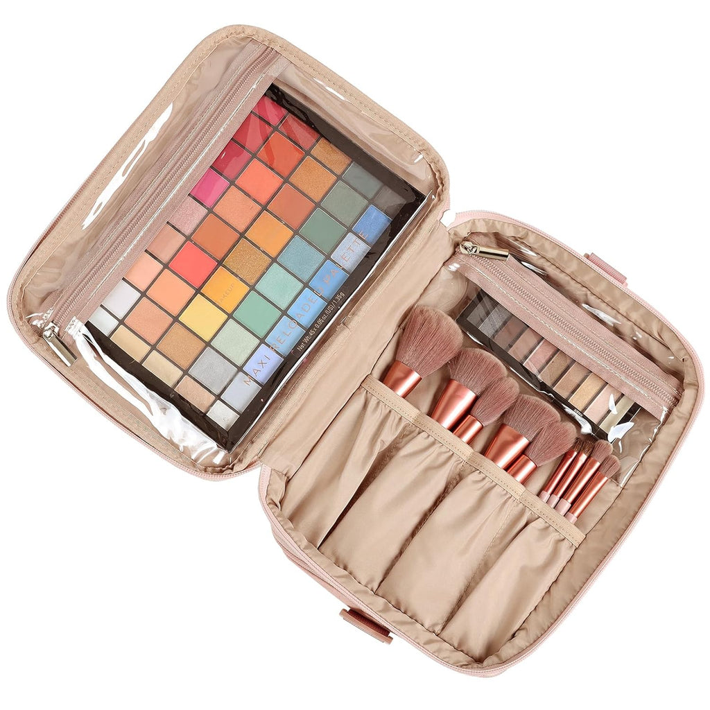 Extra Large Double Layer Travel Makeup Bag Women, Cosmetic Organizer Case, Essentials Accessories with Shoulder Strap for Bottles, Brushes, Conditioner, Skin Care Products, Pink