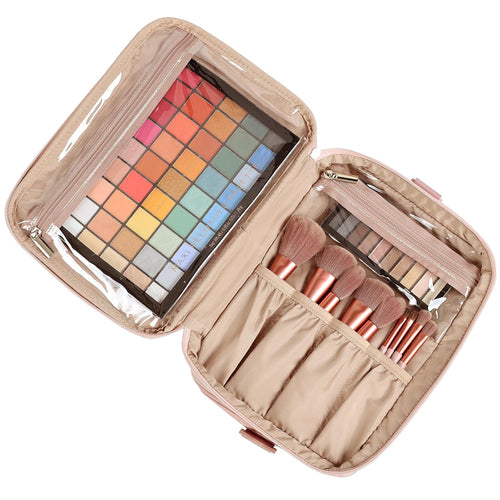 Extra Large Double Layer Travel Makeup Bag Women, Cosmetic Organizer Case, Essentials Accessories with Shoulder Strap for Bottles, Brushes, Conditioner, Skin Care Products, Pink