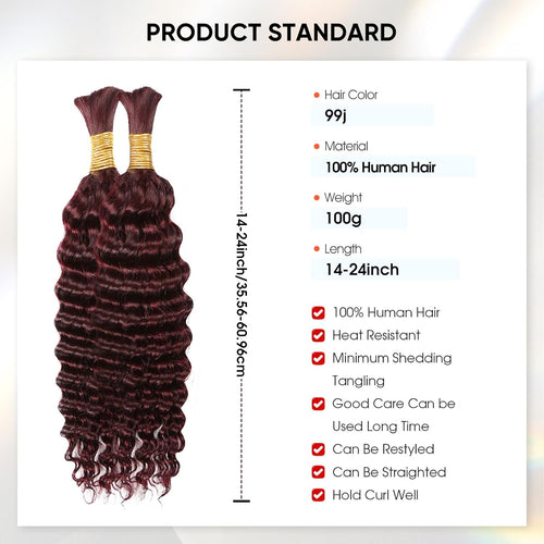 99J Burgundy Human Braiding Hair 29 Inch Deep Wave No Weft Curly Bundles Human Hair Extensions for Boho Knotless Braids Wet and Wavy (99J)
