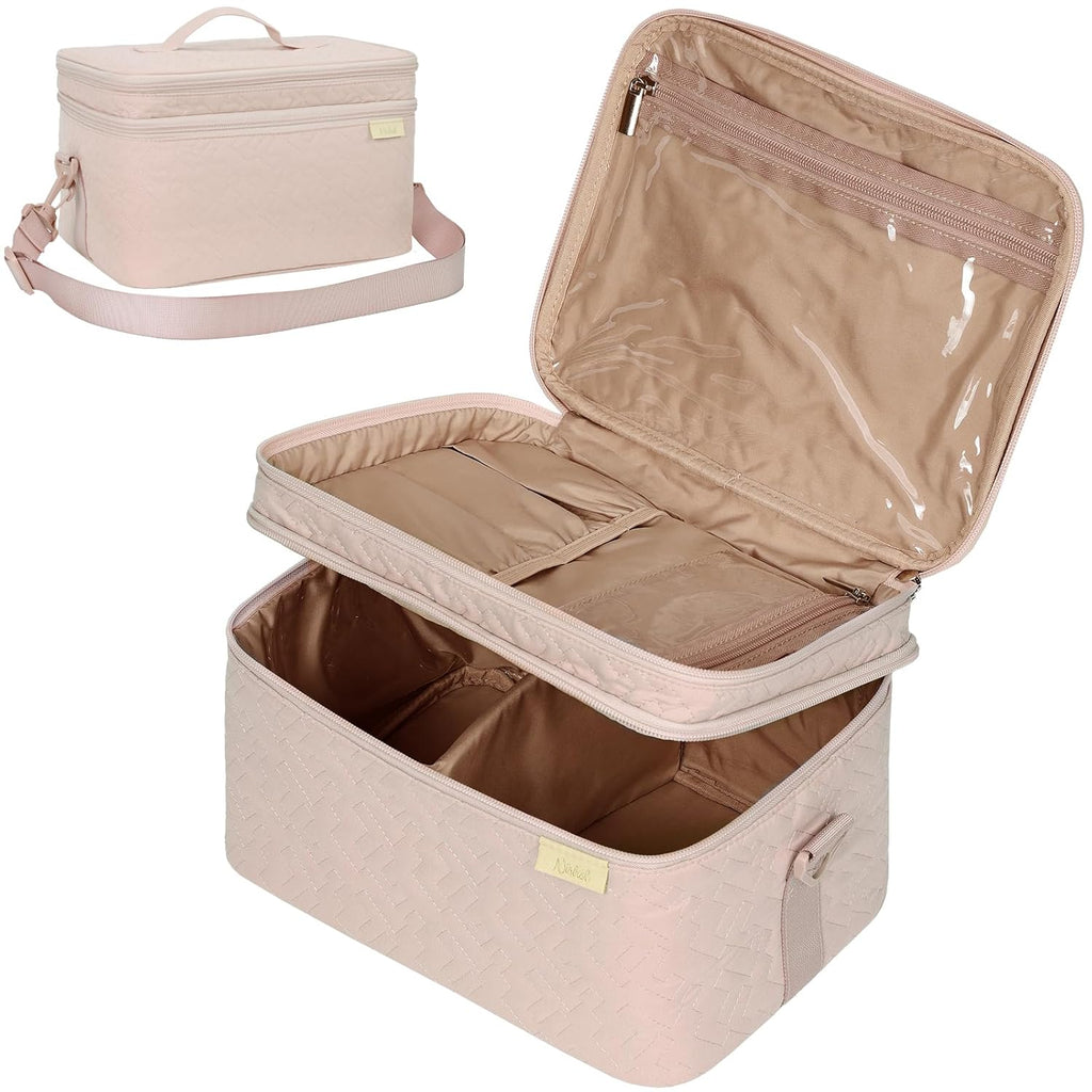 Extra Large Double Layer Travel Makeup Bag Women, Cosmetic Organizer Case, Essentials Accessories with Shoulder Strap for Bottles, Brushes, Conditioner, Skin Care Products, Pink